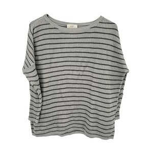 Gray Striped Cotton Knit Sweater M Relaxed Lightweight Minimalist Preppy Coastal